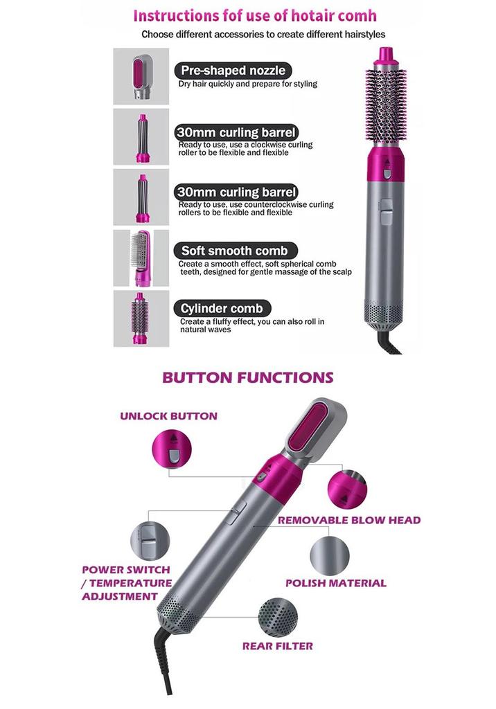 Portable 5-in-1 Hot Air Styling Comb & Hair Dryer