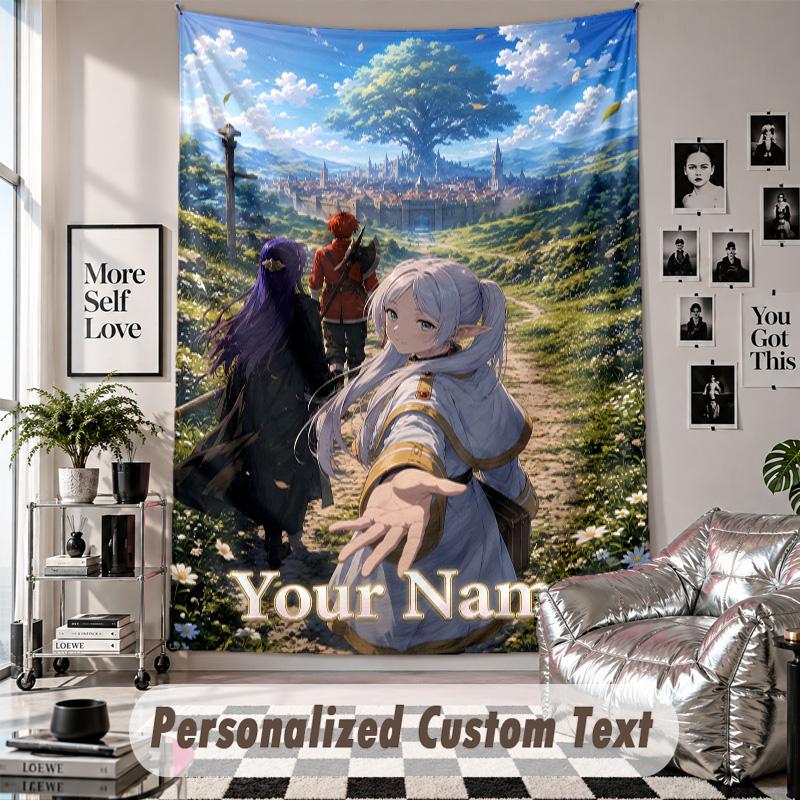 Custom Tapestry Wall Hanging, Frieren Beyond Journey's End Personalized Name Text Home Wall Decor