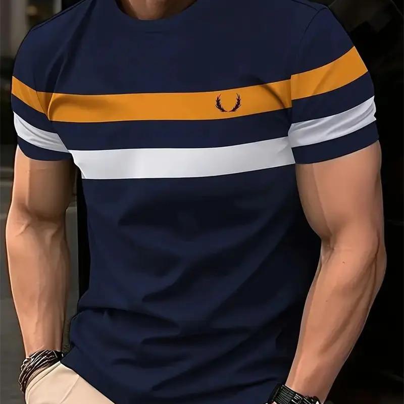 Men's T-Shirt Fashion Streetwear Summer Short Sleeve Stripe Print Male T-Shirts Male Oversized Clothing Casual Crew Neck Tops