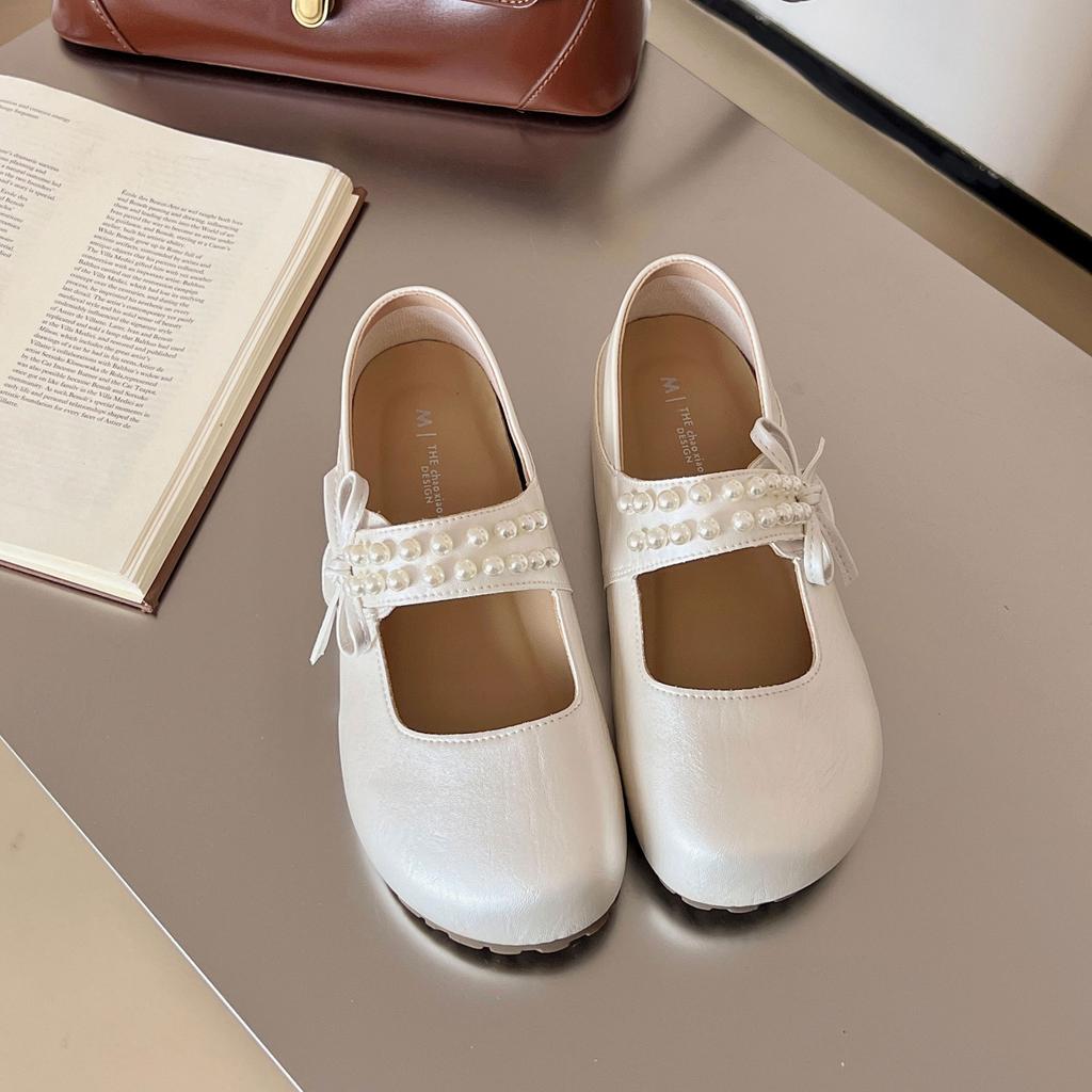Xiaoxiangfeng bow shallow mouth Mary Jane single shoes women's 2025 new versatile one-pedal with skirt small leather shoes