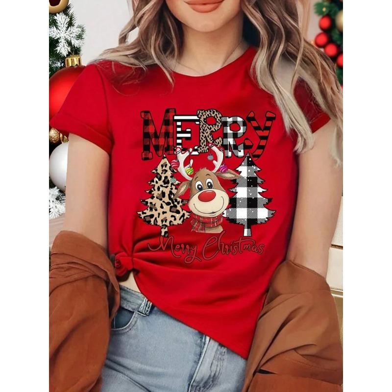 Linda Camiseta Navideña de Mujer con Estampado 3D de Leopardo Reno, Camiseta Casual de Dibujos Animados con Árbol de Navidad