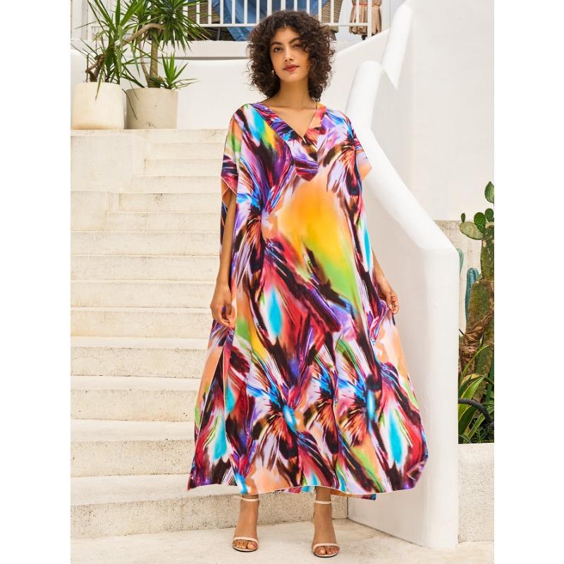 

Женская мода лето весна цвет блок принт рукава 1/2 V-образный вырез свободная талия повседневные платья Size: One Size