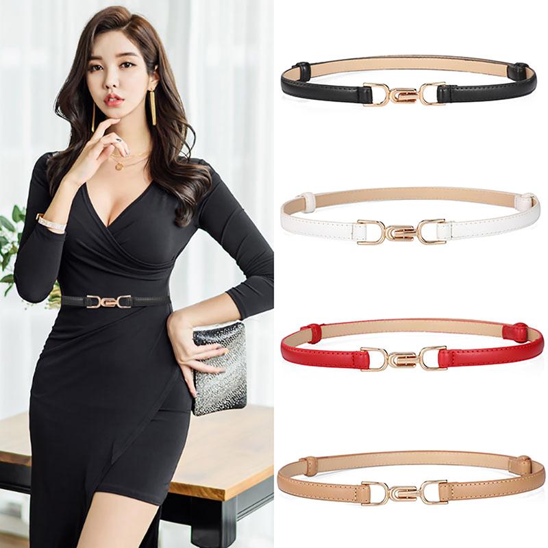 Cinto Feminino Simples de Couro Fino para Vestido Ajustável Cinto Fino de Cintura Cinto de Vestido com Fivela Dourada Vintage Couro Sintético