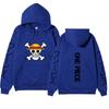 One Piece Straw Hat Jolly Roger Hoodie, Japanese Letter Sleeve Print Pullover Sweatshirt Unisex Casual Streetwear