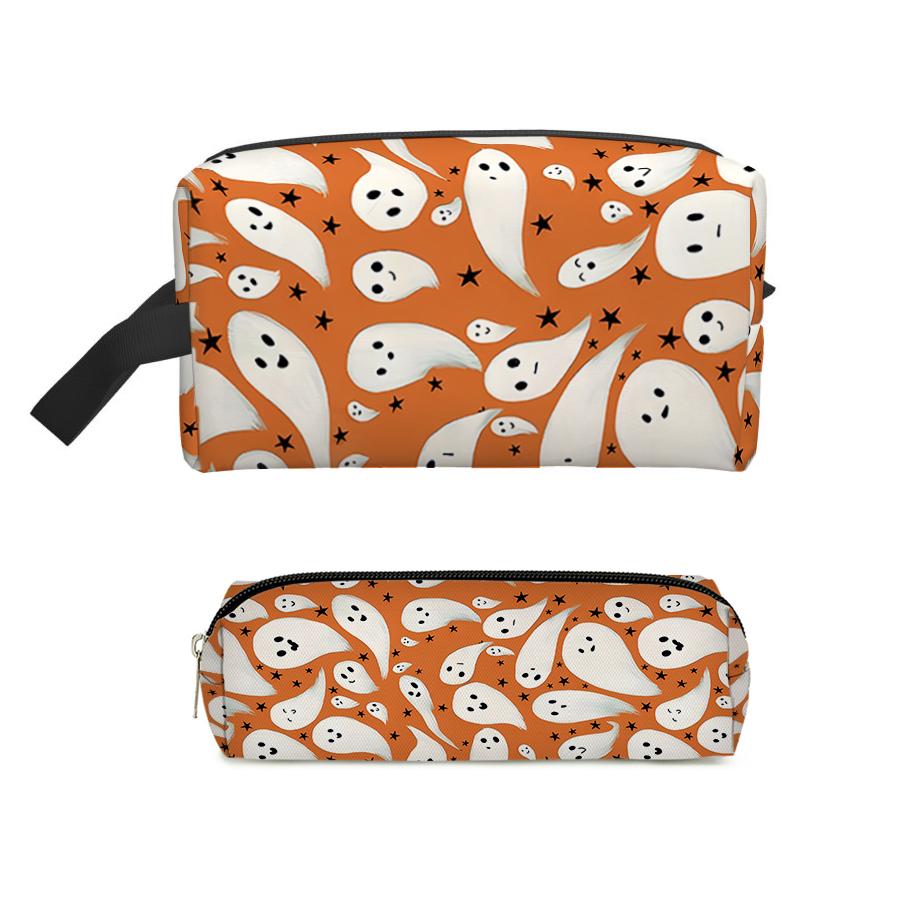 Two-Piece Cute Ghost Pattern 3D Cartoon Cosmetic and Pencil Case Zipper Closure Storage Bag Best Gift for Boys and Girls