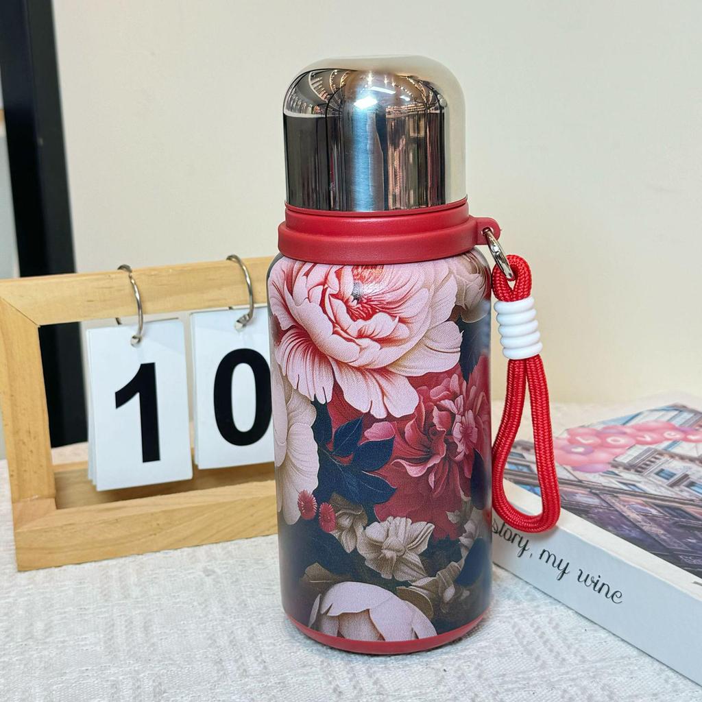 Large Capacity Rose Peony Retro Thermos Cup with Lanyard and Tea Separator