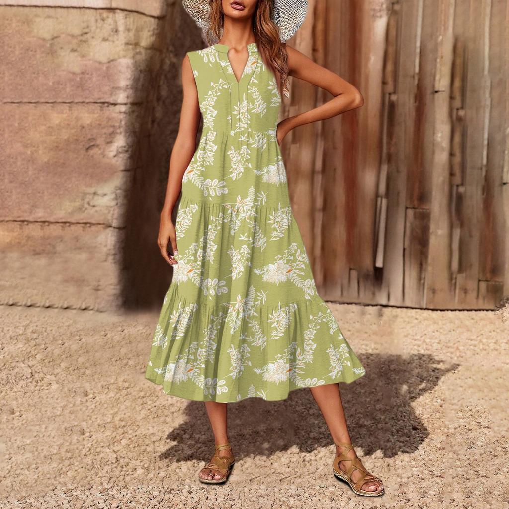 Women's Casual And Fashionable V-neck  Sleeveless Printing Mid Length Dress