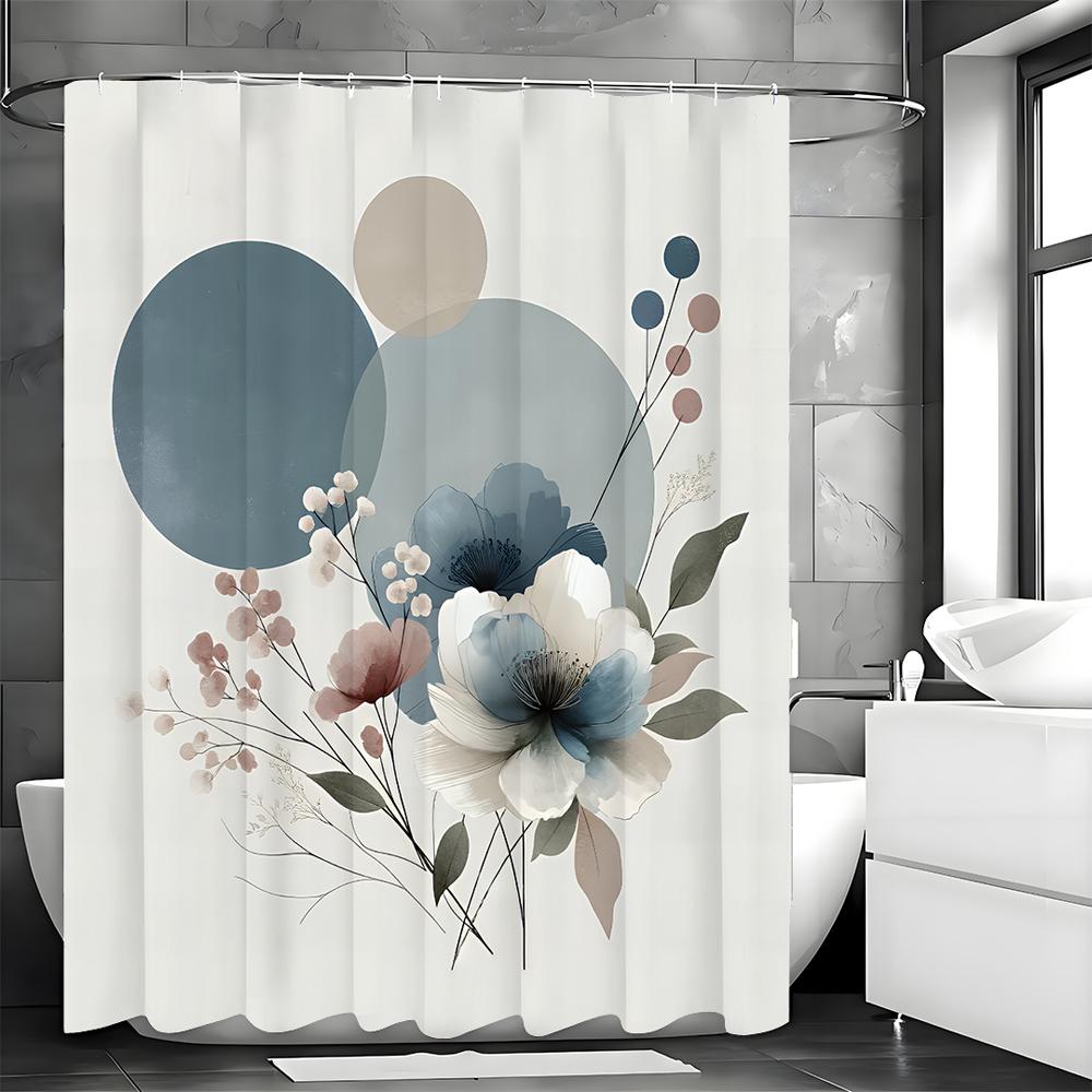 Watercolor Floral Round Shower Curtain, Bathroom Decorative Shower Curtain, Waterproof Shower Curtain with Hooks