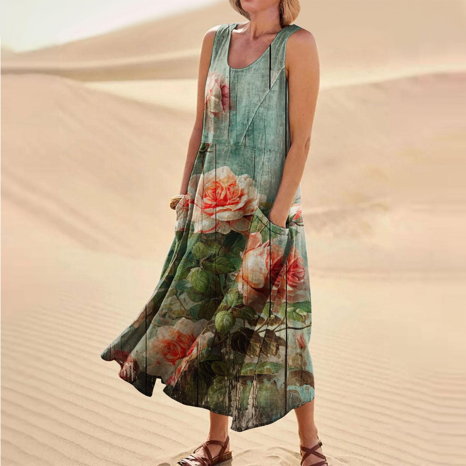 

Летние повседневные платья для женщин, сарафан без рукавов с цветочным принтом, плиссированная футболка, хлопковое платье с карманами XXXL