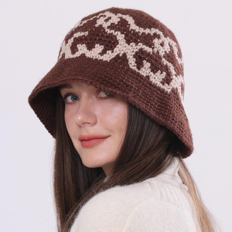 Autumn and winter niche design handmade bucket hat thermal hat knitted hat women's cold hat thickened basin hat