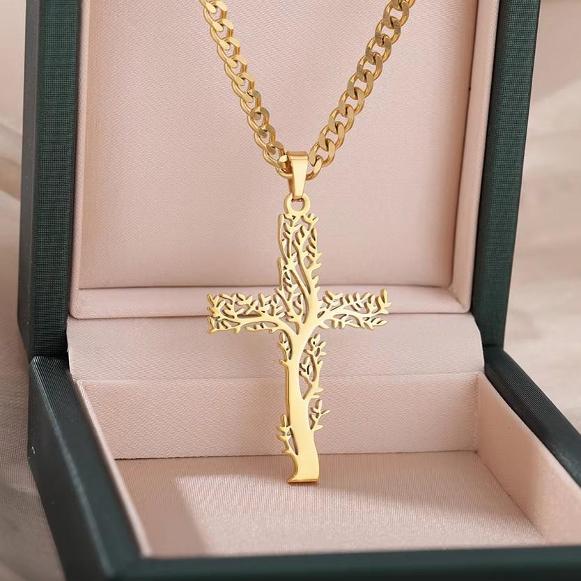 EMU hot-selling new titanium steel men's life tree cross necklace, personalized trendy brand stainless steel necklace
