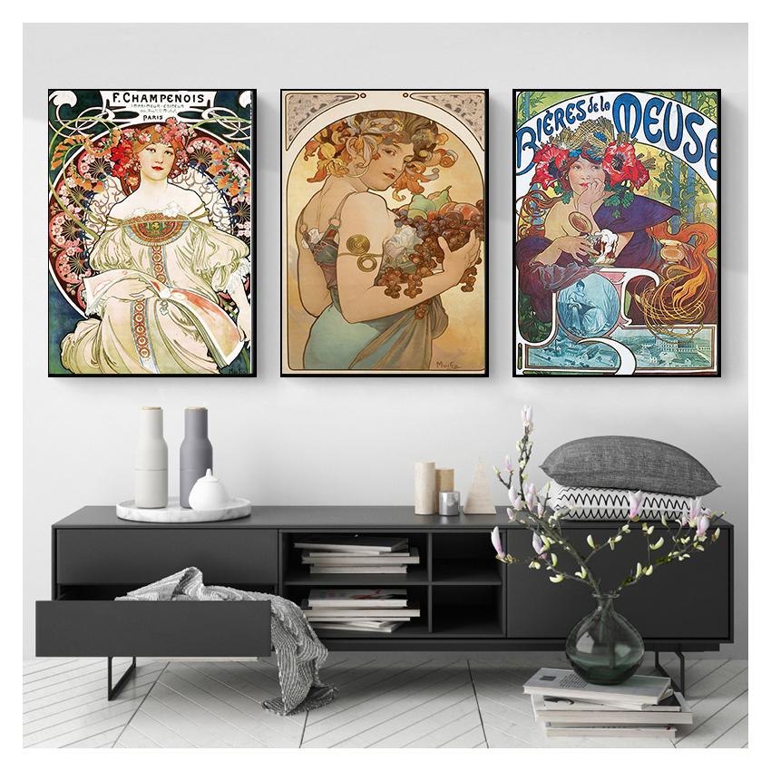 Nouveau Posters and Prints Fine Replica Wall Art Painting Pictures for Living Room Home Decor Alphonse Mucha Large Vintage Art