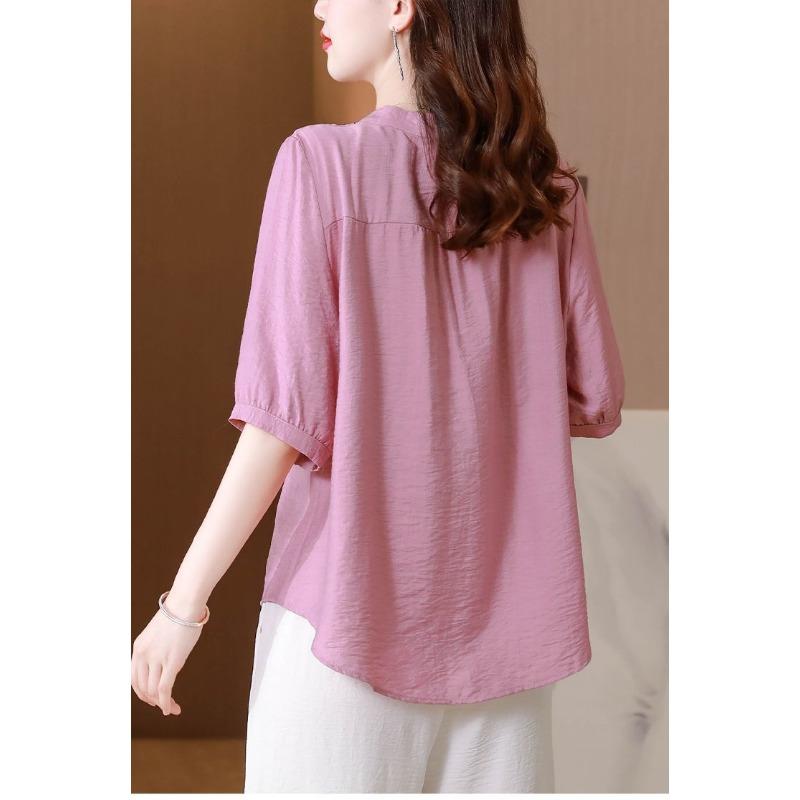 Women's Linen Blouse Embroidery Collar Half-Sleeve Casual Shirt