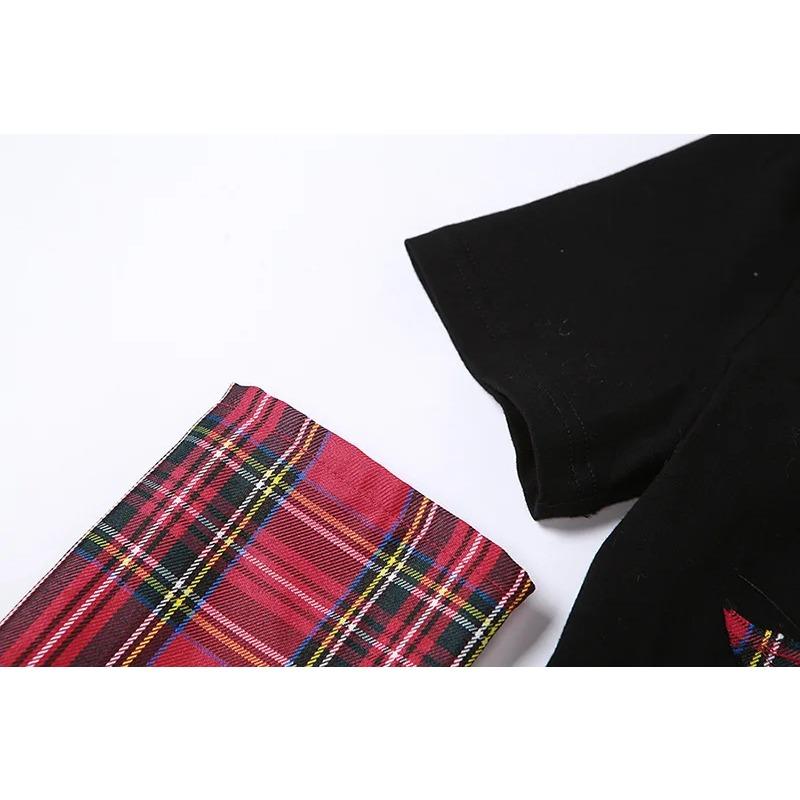 Summer Star Patchwork Crop Tops Plaid T Shirt Women Fashion Off Single Shoulder Y2k Tee OverSleeve Fairy Grunge Shirts