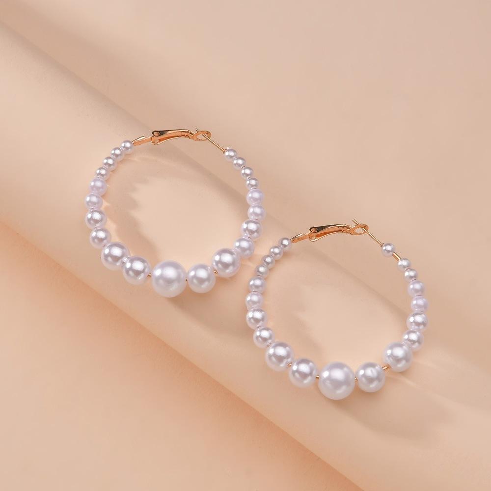Vintage Exaggerated Graduated Pearl Circle Earrings Hoop Earrings for Women Girl Jewelry