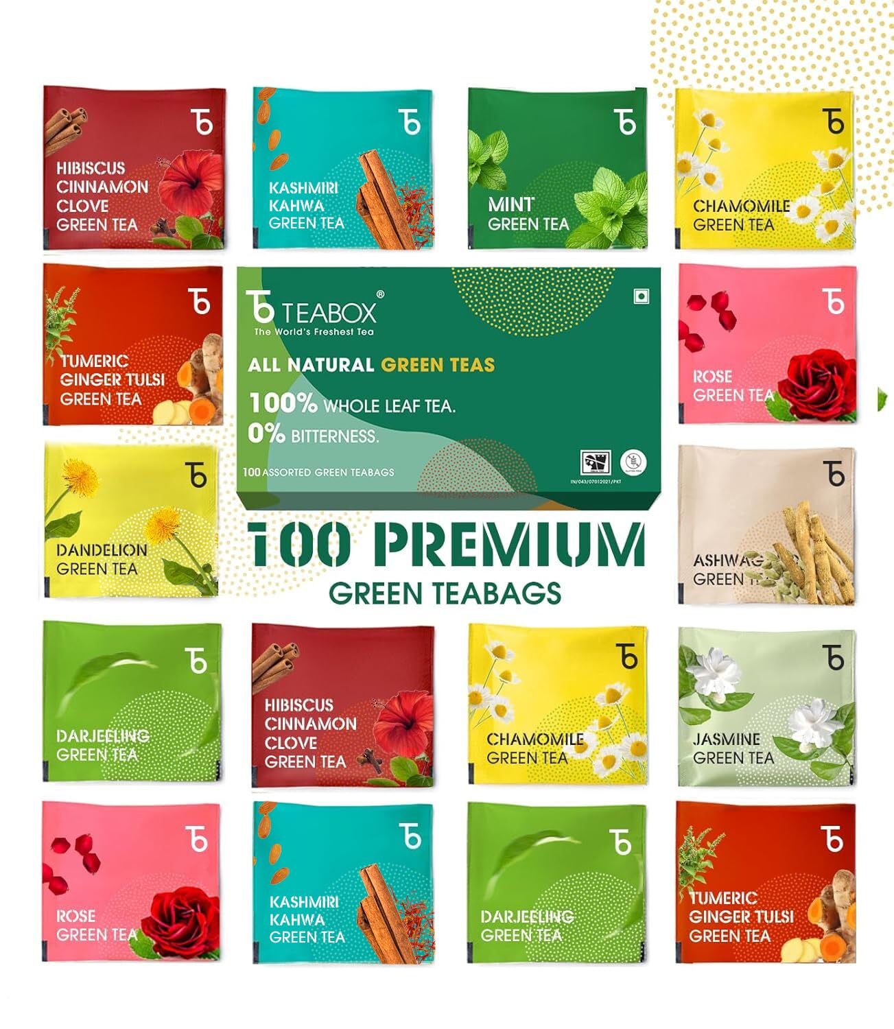 Teabox Wellness Green Tea Sampler Pack - 100 Assorted Tea Bags, 10 Flavors × 10 Each | Whole Leaf, 0% Bitterness | Green Tea Variety Pack for Eve