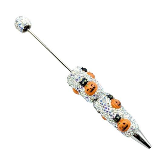 Rhinestone Writing Pen Beadable Pen, Glitter Plastic Beaded Halloween Pumpkin Ghost Skull Decorative Gel Ink for DIY Craft Making, School Office