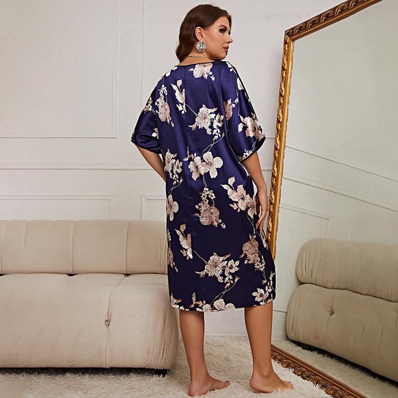 Women's Plus Size Nightgown Mid-length Printed Pullover Dress Homewear Ice Silk Nightgowns