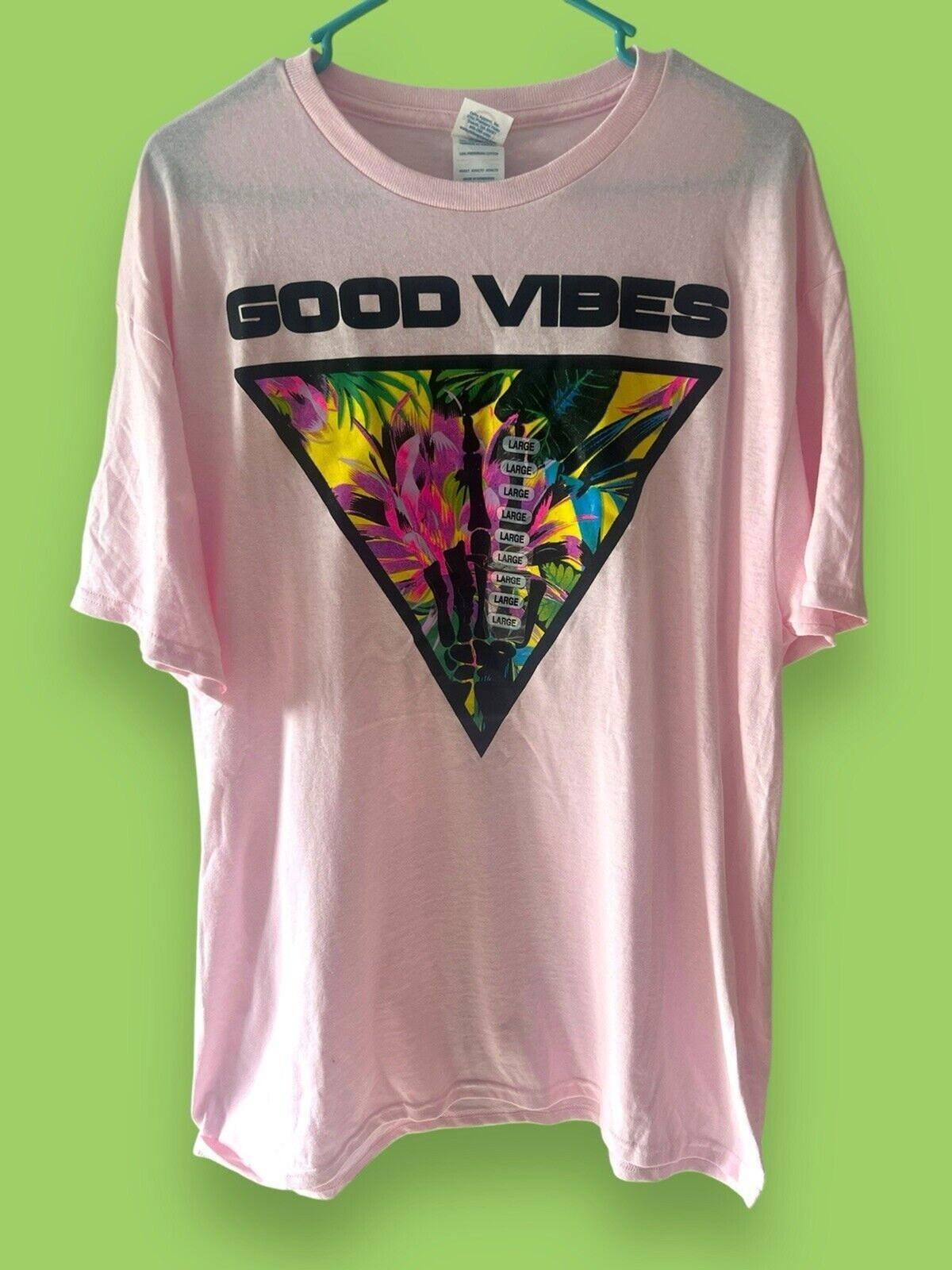 Good Vibes Skeleton Pink Peace Sign Jungle Tropical Unisex Large T-Shirt NWT New L