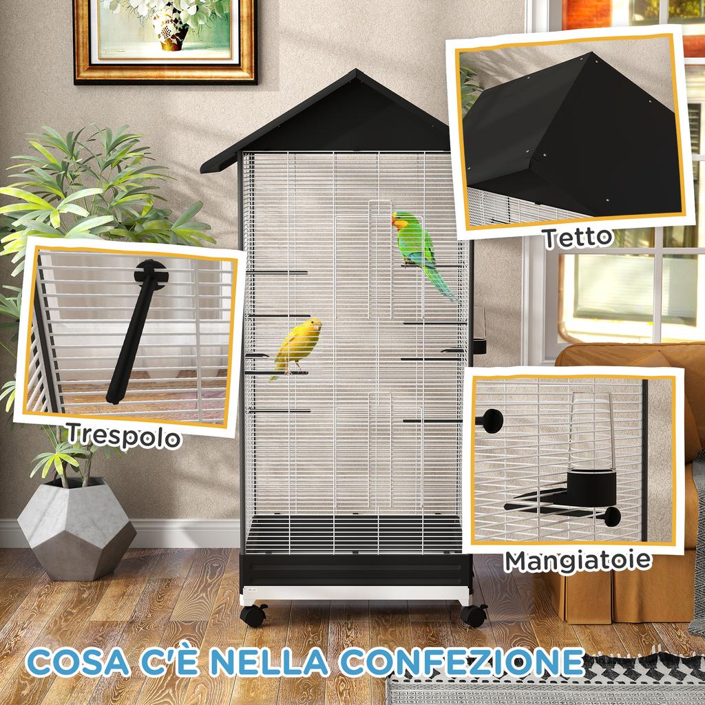 Bird Cage with Wheels and Removable Tray, 155cm High Aviary with Perches and Feeders, Black