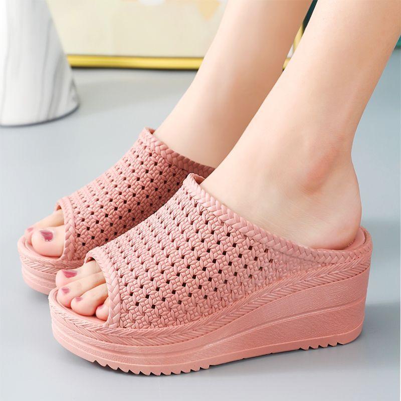 High Heeled Slippers Women's Summer Thick Bottom Slope Heel Fashion Outside Wear Princess Wind Increase Sandals Non-slip Breathable Home Slippers
