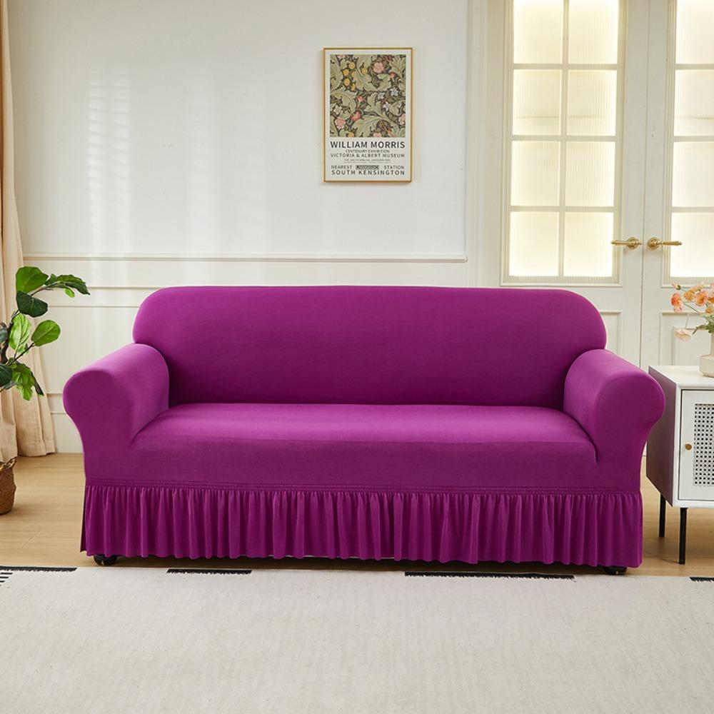 Elastic Solid Color Sofa Cover Full Protection Slip Resistant Minimalist Skirted Design