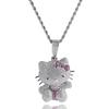 Collana carino in stile cartone animato con incastonatura di diamanti, collana con ciondolo gatto e fiocco rosa alla moda, gioielli da donna