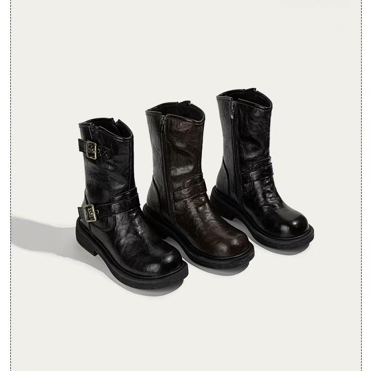 2025 autumn and winter new thick low heel round head side zipper medium boots boots adjustable western boots