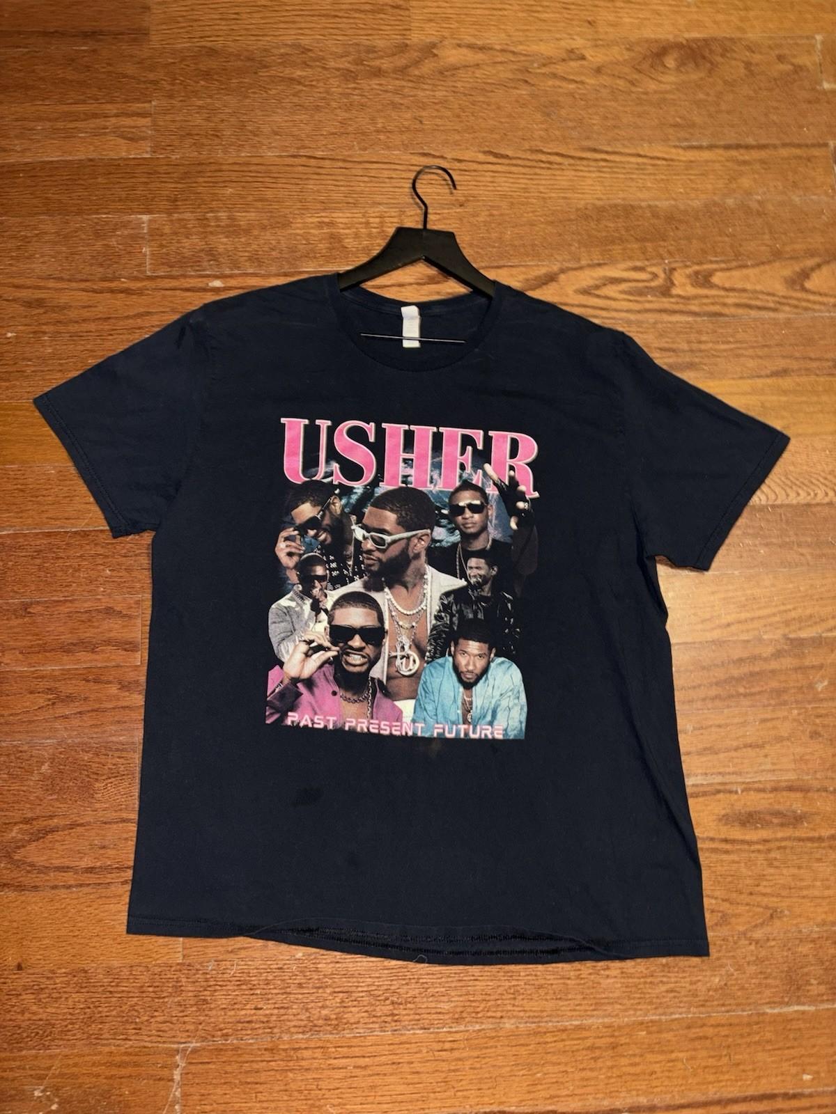 Usher Past Present Future Rap Tee Shirt Mens XL Black RNB Short Sleeve Y2K Pop Unisex T-Shirt XXXXL