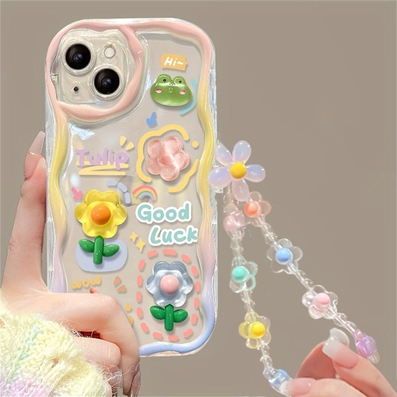 Carine Cover per Telefono a Catena con Fiori 3D Cartoon Per iPhone 15 Pro Max 14 12 11 13 Mini X XR XS 6 6S 7 8 Plus SE Custodia Morbida in Silicone