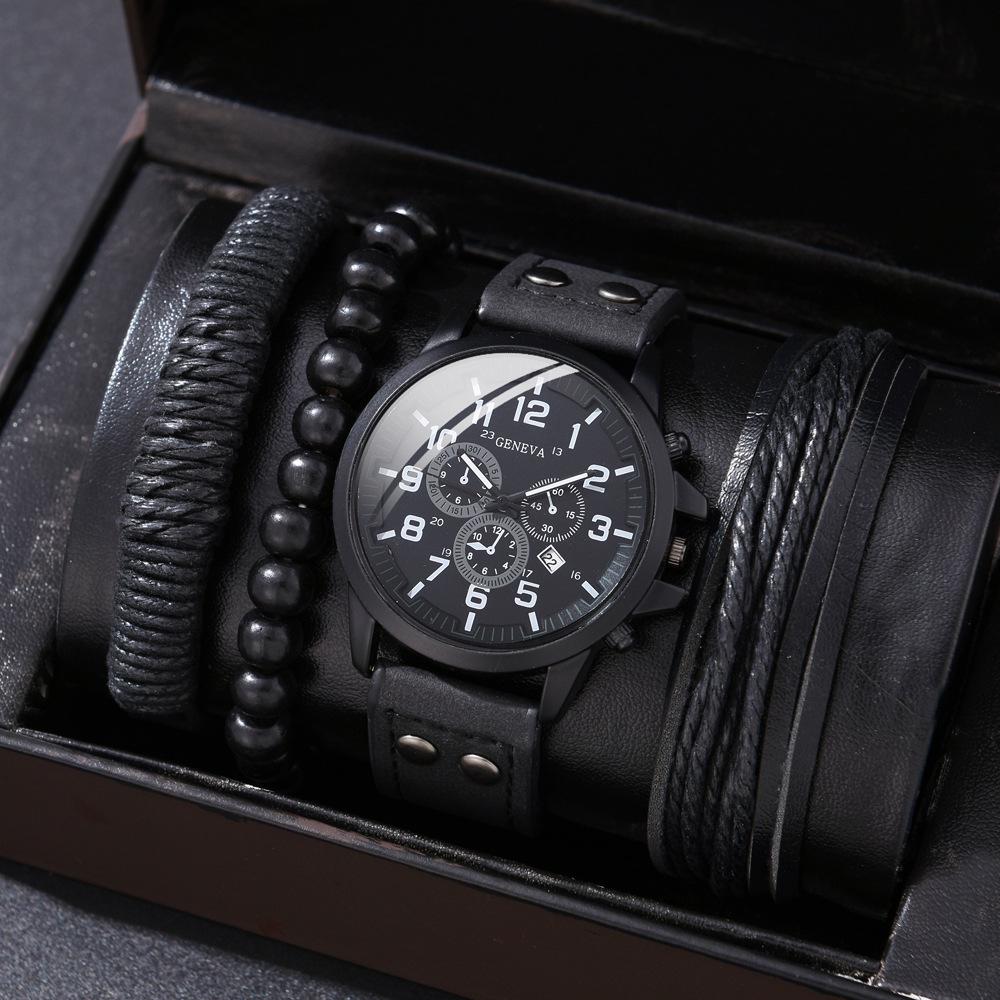 Men's Canvas Quartz Watch & PU Bracelet Set with Single Calendar & Faux Three-Eye Design