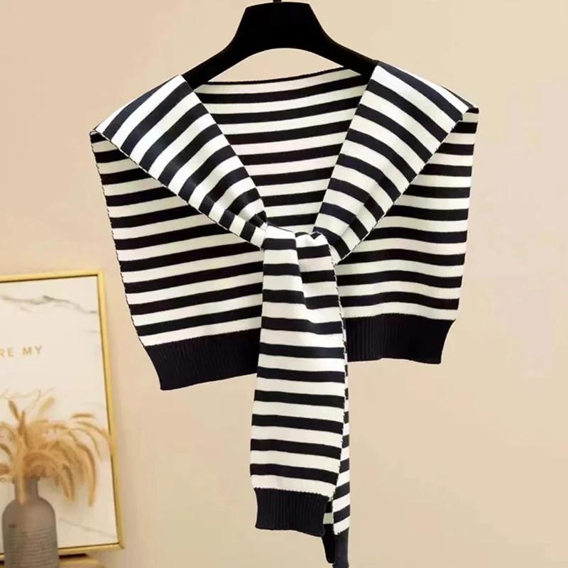 Korean Striped Knitted Warm Shawl Winter Female Blouse Shoulders Fake Collar Cape Knotted Scarf Stripe Outerwear
