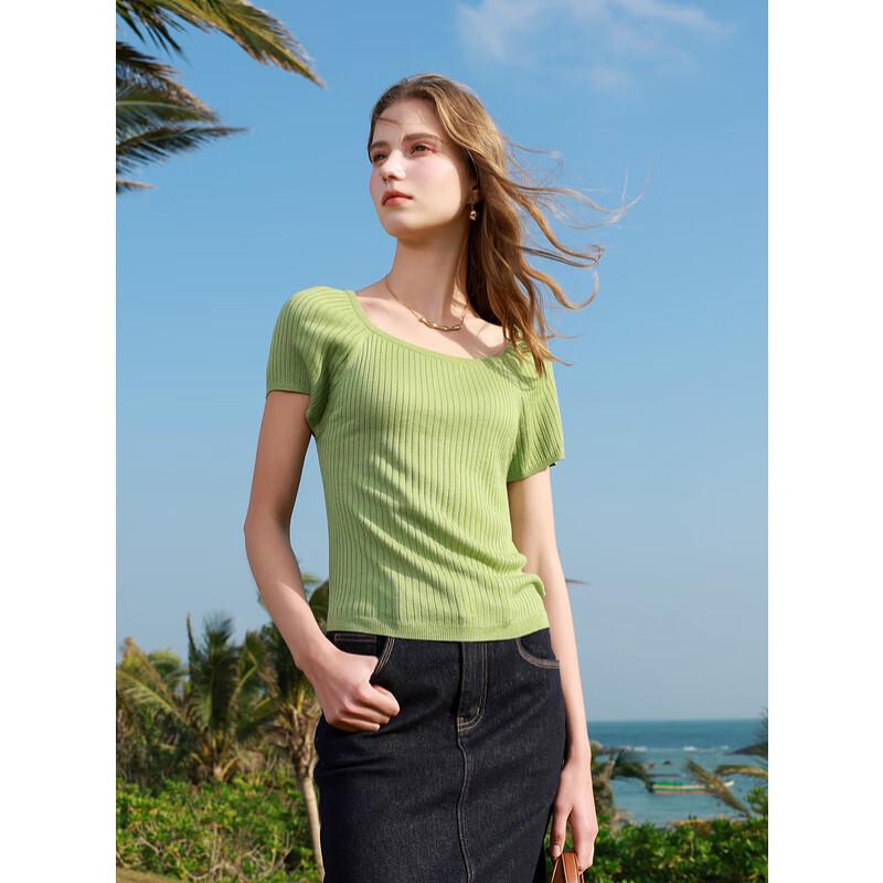 SanCai 2025 Spring Ice Silk Square Neck Cropped Knit Top