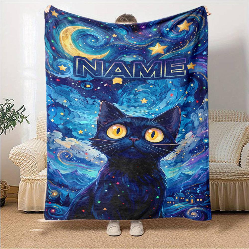 Cosmic Cat Night Sky Home Customize Your Name Blankets Soft Cozy Lightweight Allseason Multiuse Throw Perfect For Couch Office Bed Living Room Picnics