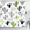 Black Desert Shower Curtain - Cute Hand Drawn Cactus & Geometric Design, Waterproof Polyester Fabric With Hooks, Bath Decor