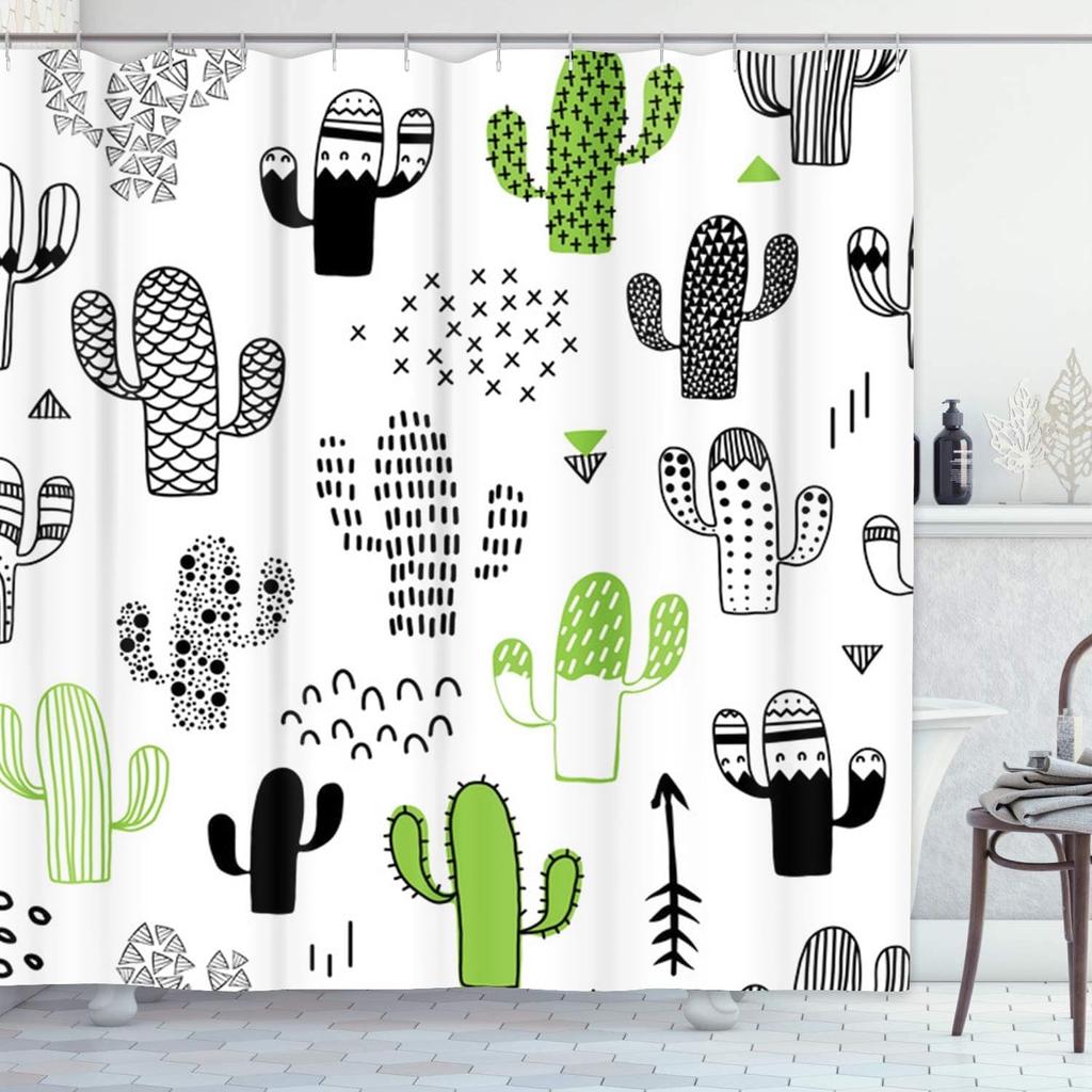 Black Desert Shower Curtain - Cute Hand Drawn Cactus & Geometric Design, Waterproof Polyester Fabric With Hooks, Bath Decor