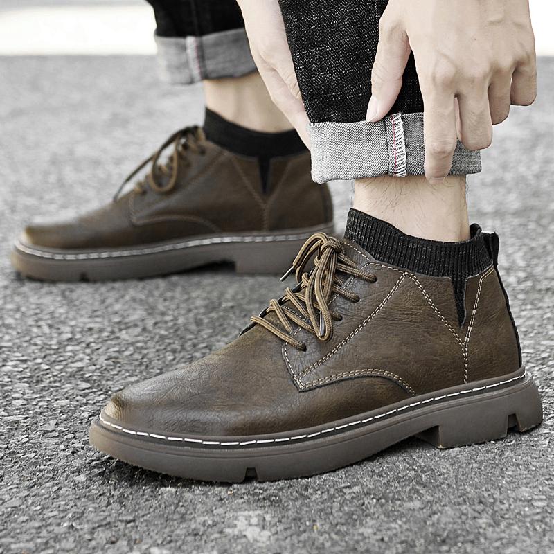 Fashion Outdoor Leather Men Shoes Ankle Boots Autumn Winter Elevator Shoes Non-slip Casual Hiking Travel Shoes Daily Optional Warm Plush