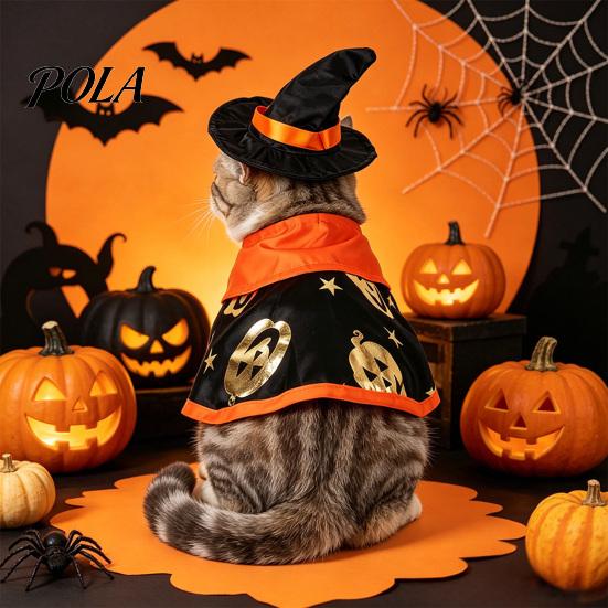 1 Set Pet Halloween Costume, Cat Wizard Hat And Cape, Cute Pumpkin Print Pet Apparel for Small Dogs Cats Festive Party Wear