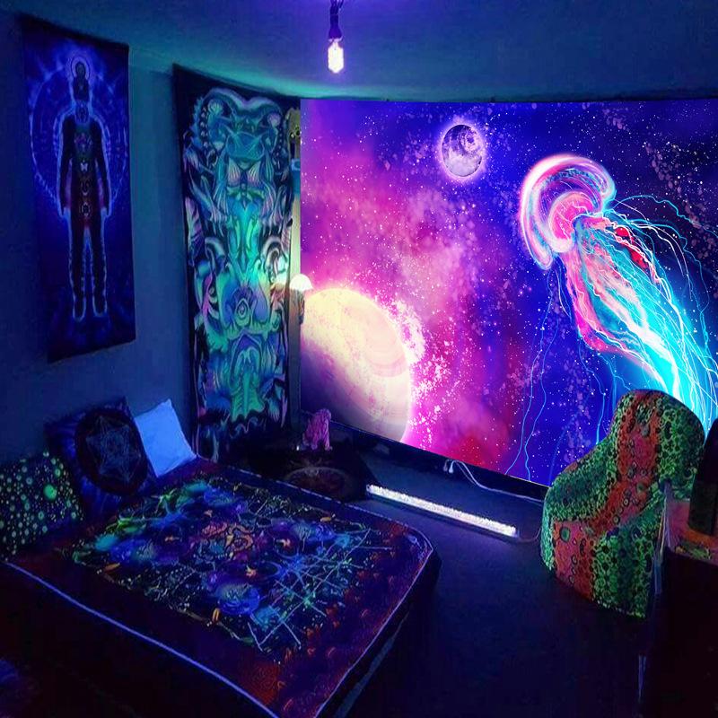 Black Light Tapestry Wall Hanging UV Reactive Psychedelic World Hippie  for Bedroom Dorm Indie Room Decor