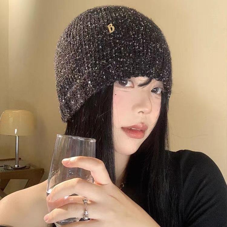 Korean Cold Hat Autumn and Winter Small Fragrance Style Sequin Knitted Hat Showing Face Small Fashionable Bag Head Hat