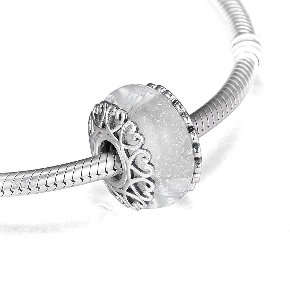 Fits Europe Bracelet Argent 925 Sterling Silver  Iridescent White Glass Charm Beads Women Girls DIY Jewelry Gift
