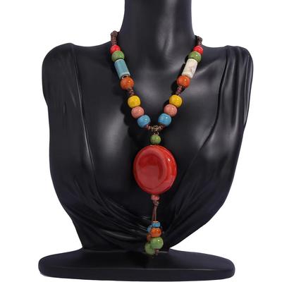 Ethnic Ceramic Beaded Necklace Boho Long Colorful Sweater Chain Vintage Tribal Handmade Statement Jewelry Women Fashion Gypsy Hippie Chic Accessories