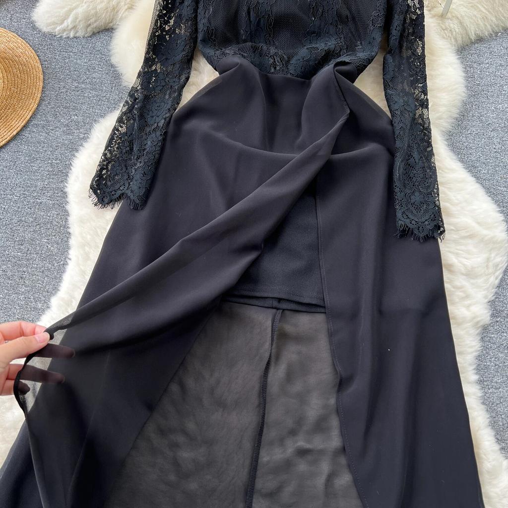 Vysoce kvalitní krajkové šaty Královská sestra Mladá Sexy Perspektivní Dlouhý rukáv Patchwork Slim fit Středně dlouhé Šifonové