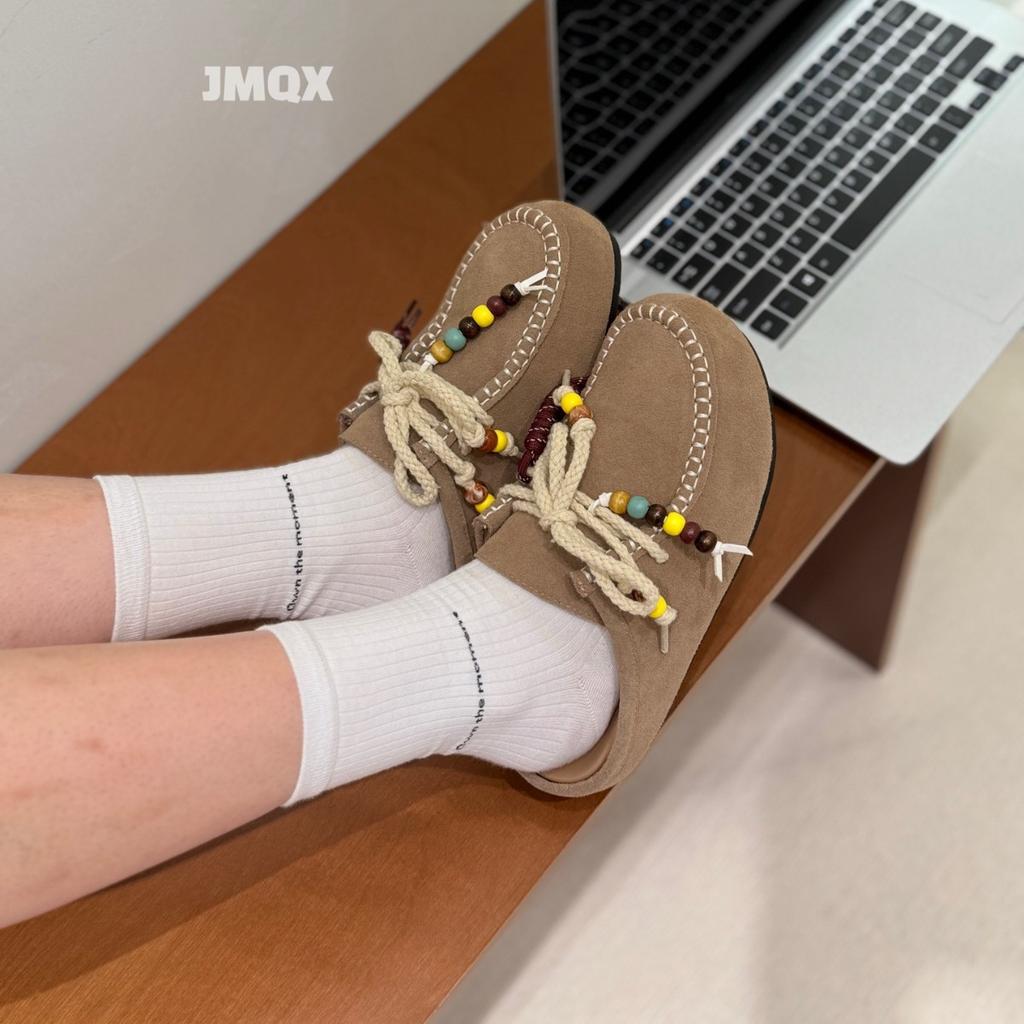 New lanyard beaded slippers baotou half drag autumn thick bottom one pedal casual lazy woman