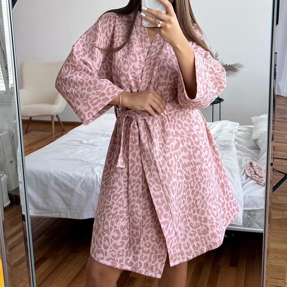Spring  Cotton Pink Leopard Print Robe Pajamas Cardigans Pajamas Comfortable Home Clothes Women's Nightgowns