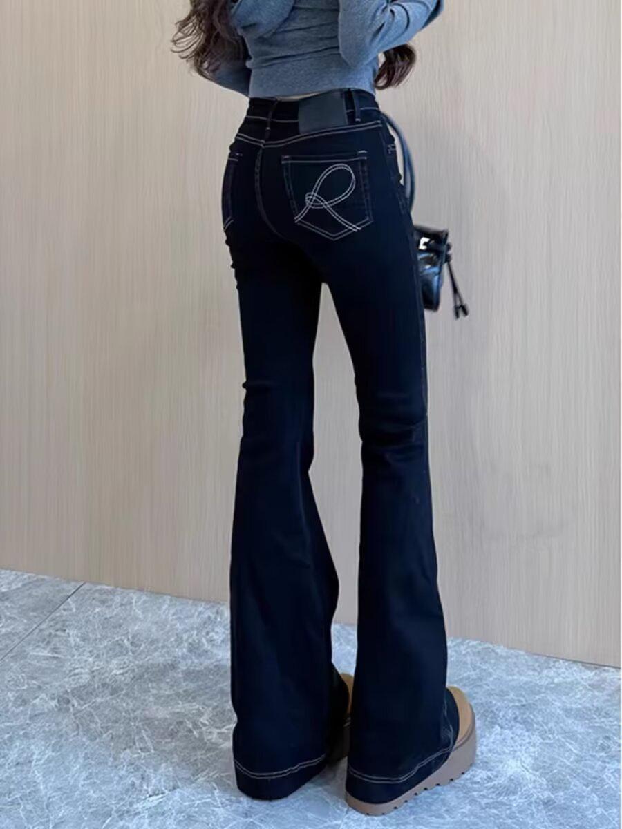 

Li Li Women s Embroidered Pocket Micro Flare High Waist Stretch Jeans - 2025 Spring 2XL темно-синього кольору