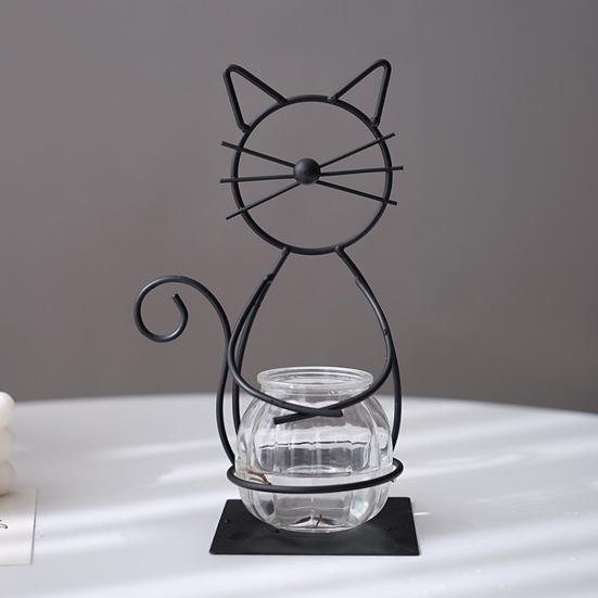Decorative Ornament, Cat-Shaped Rust-Proof Iron Bracket with Transparent Glass Vase for Hydroponic Plants Desktop Decoration