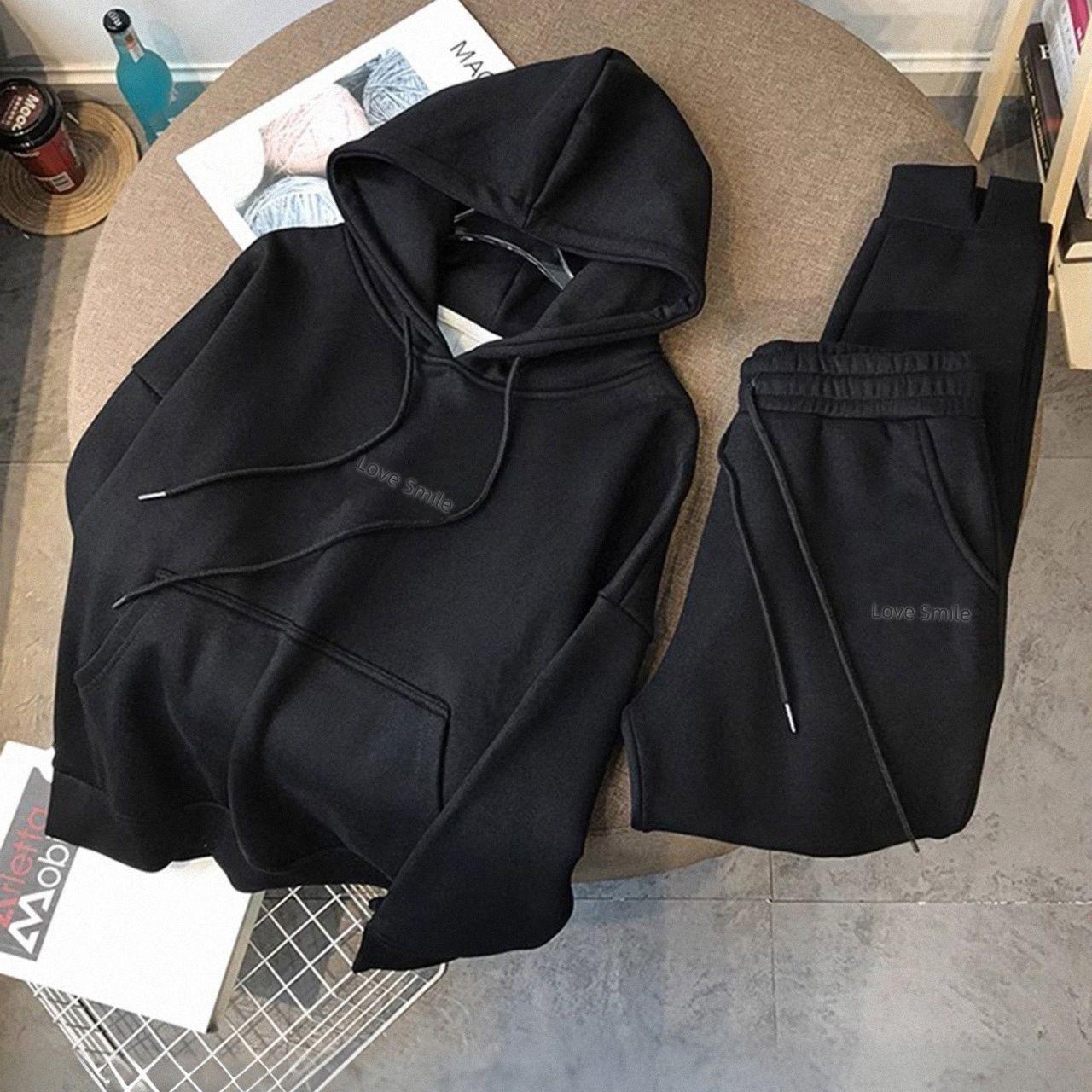 Весенне-осенний женский бархатный утолщенный свободный свитшот с капюшоном, леггинсы, спортивный повседневный костюм из двух частей XXL чёрный