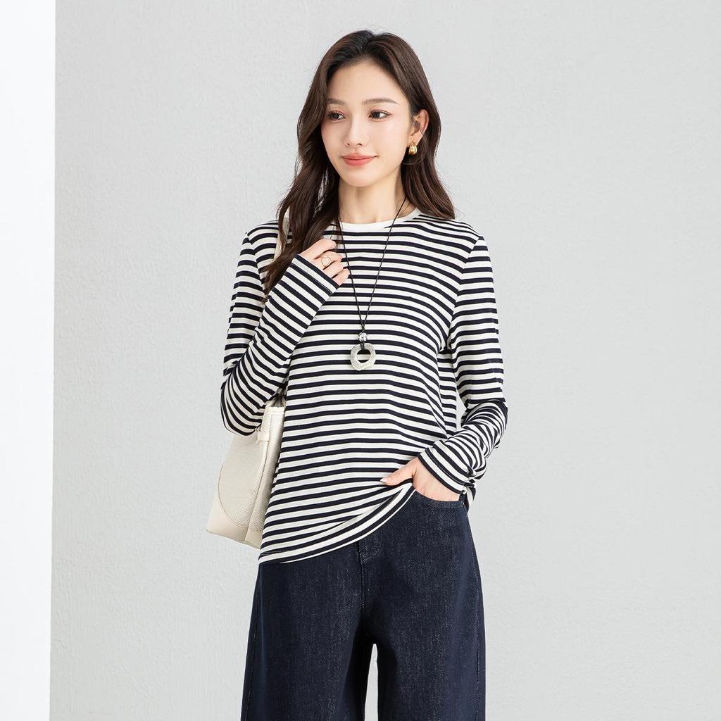 Yifei Women's Slim-Fit Long-Sleeve Striped Tencel Wool Top, 2026 Spring Collection
