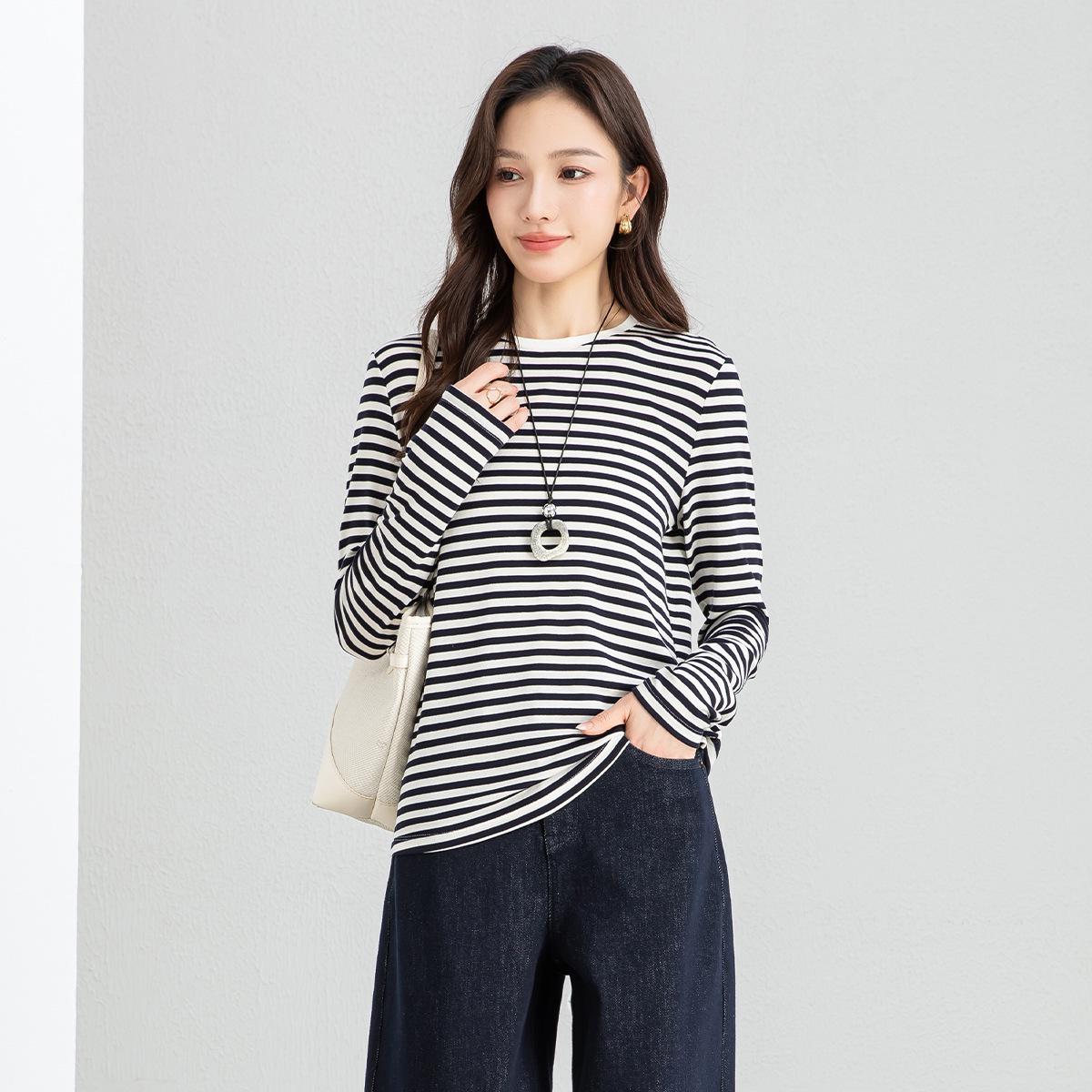 Yifei Women s Slim-Fit Long-Sleeve Striped Tencel Wool Top, 2026 Spring Collection S